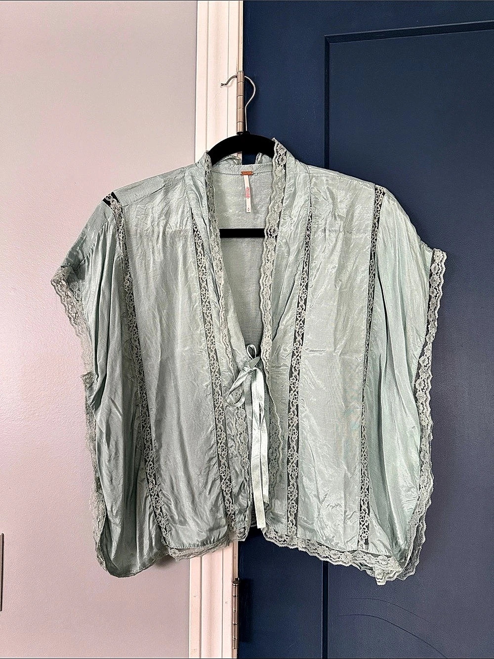 Free People Lace Trim Tie-Front Kimono Top Green Small oversized NWOT